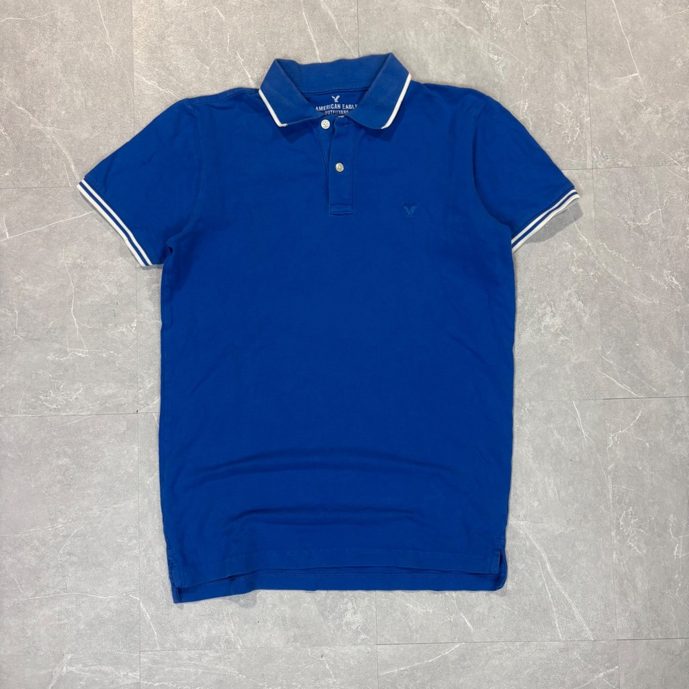 American Eagle Slim Fit Core Flex Polo Shirt Blue White Tipped Small Mens